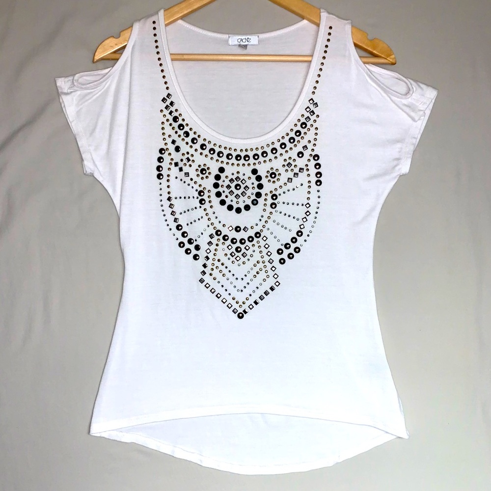 Cache White Cold Shoulder Shirt Women’s XS Embellished Blouse Top Summer Flowy